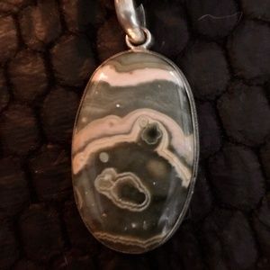 SALE! Silver Pendant with Green and Cream Orbicular Jasper Natural Stone -
